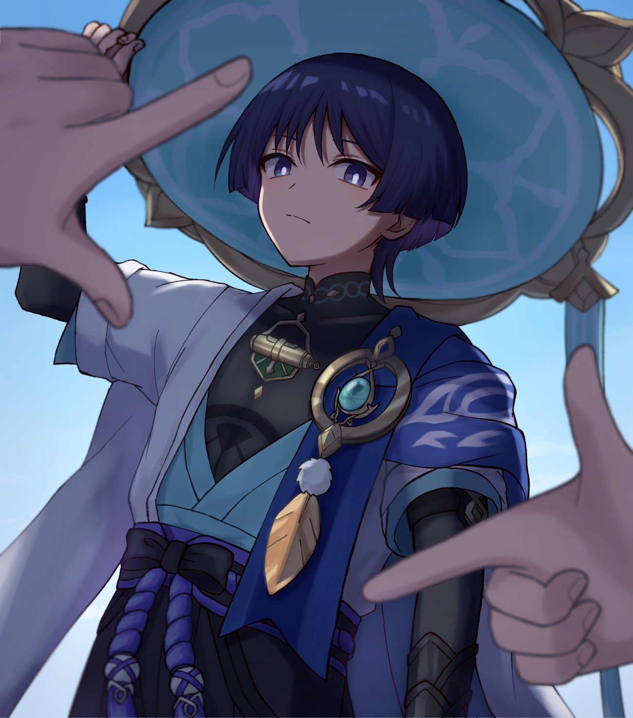 2boys, black_shirt, blue_eyes, closed_mouth, genshin_impact, hair_between_eyes, hat, highres