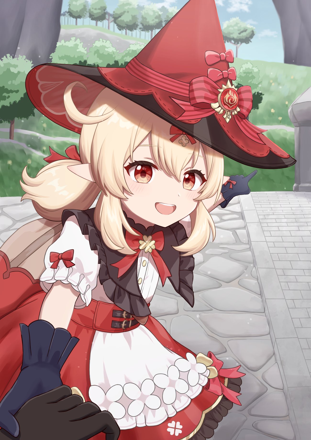 1boy, 1girl, aether_(genshin_impact), black_gloves, blonde_hair, bow, bowtie, brown_gloves, dress, genshin_impact, gloves, hair_between_eyes, hat, highres, klee_(blossoming_starlight)_(genshin_impact), klee_(genshin_impact), low_twintails, nanachimaru, official_alternate_costume, open_mouth, pointing, pointy_ears, red_bow, red_bowtie, red_eyes, red_headwear, ribbon, short_sleeves, smile, twintails, vision_(genshin_impact), witch_hat