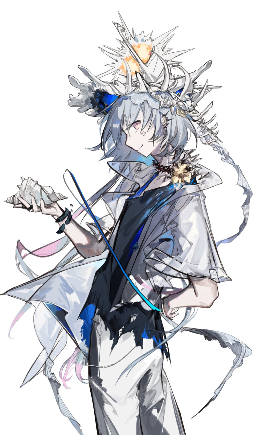 1boy, arknights, arm_behind_back, black_shirt, blue_hair, dongsheng, ear_piercing, hat