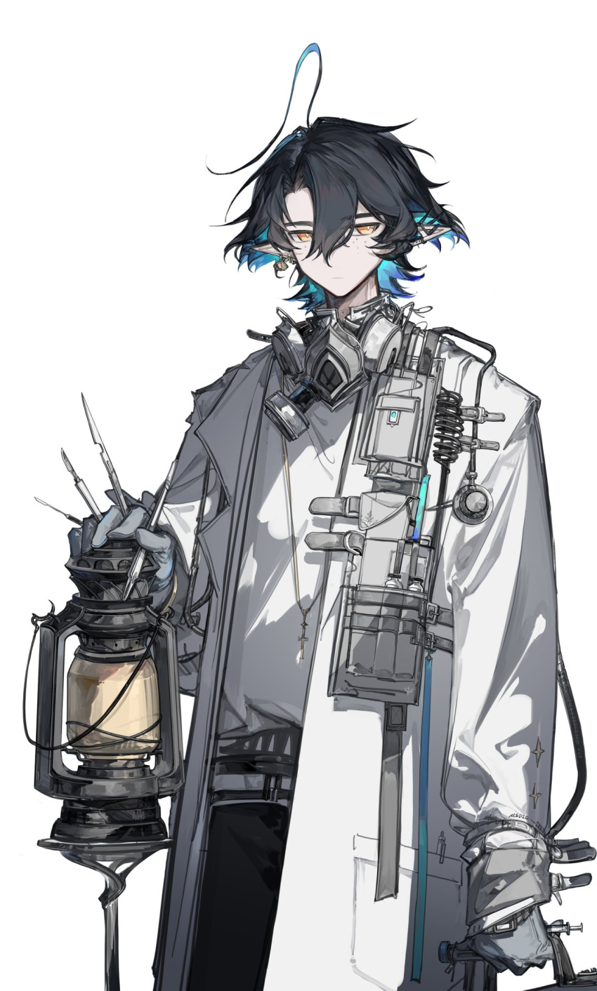 1boy, ahoge, alternate_costume, arknights, black_hair, black_pants, blue_hair, coat
