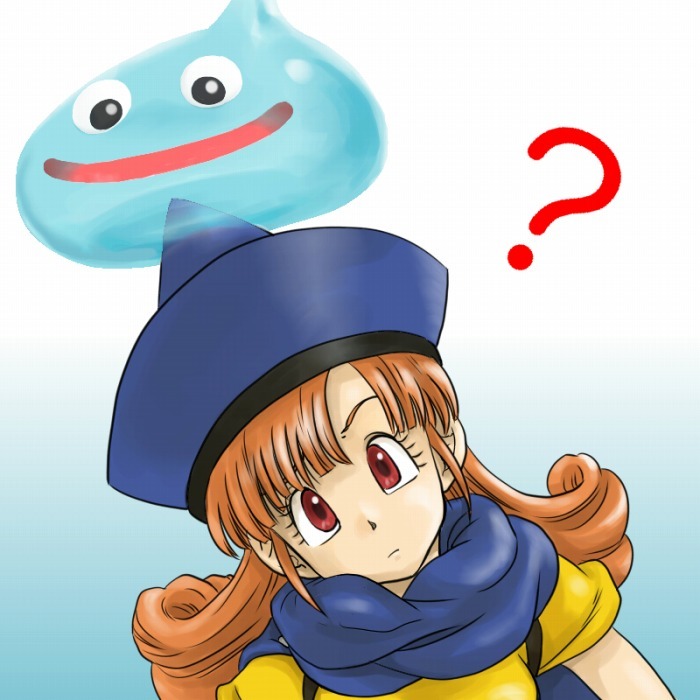 alena, chinyan, curly_hair, dragon_quest, dragon_quest_iv, hat, head_tilt, orange_hair, red_eyes, slime_(dragon_quest), smile