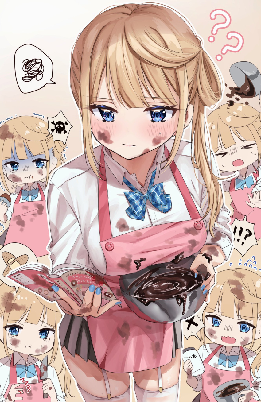 !?, 1girl, ?, ??, aoba_miu, apron, blonde_hair, blood
