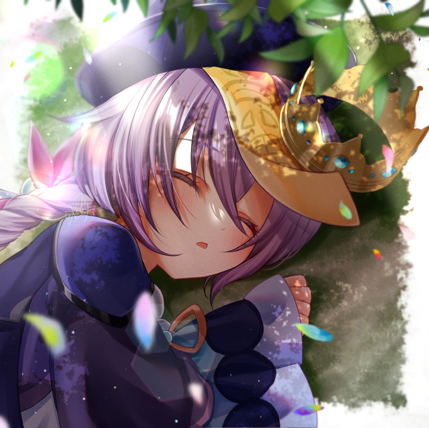 1girl, blush, border, braid, braided_ponytail, close-up, closed_mouth, crown