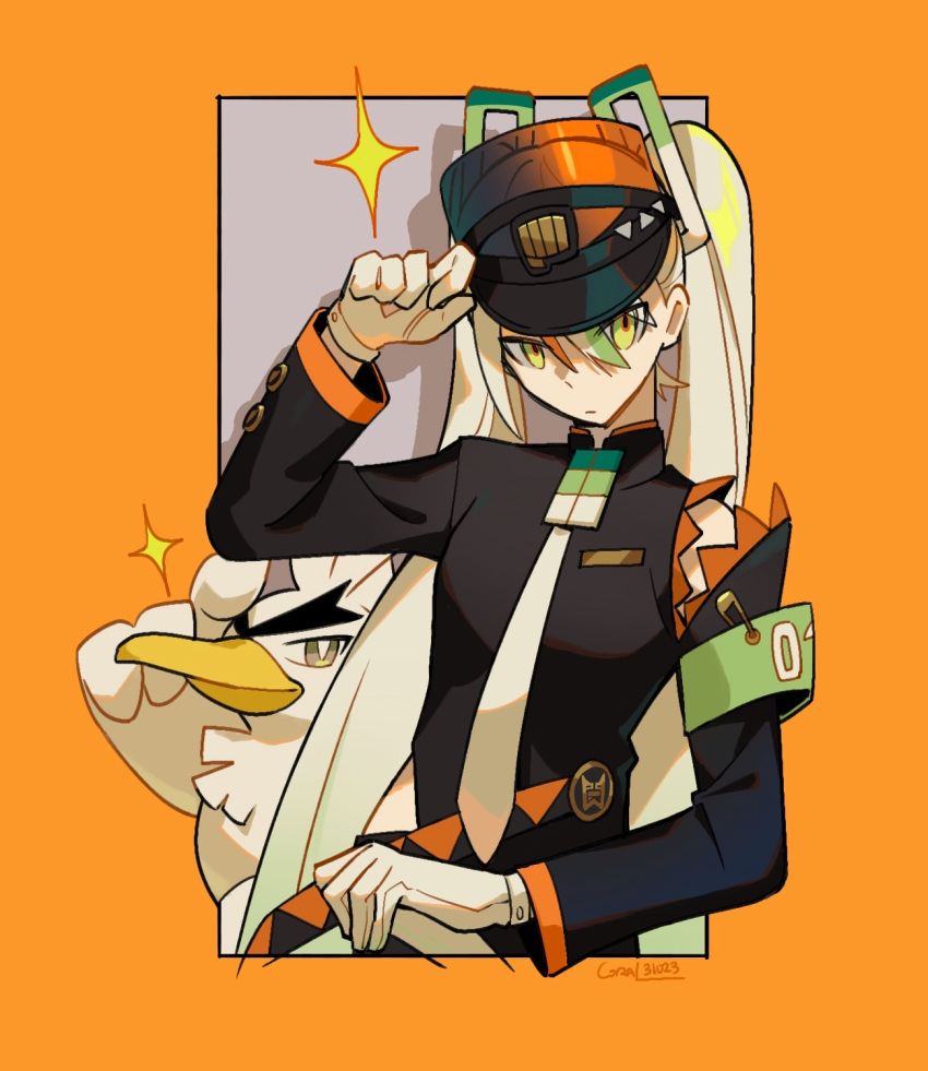 1girl, armband, bird, brown_eyes, closed_mouth, commentary, coral_(coral_l33), english_commentary