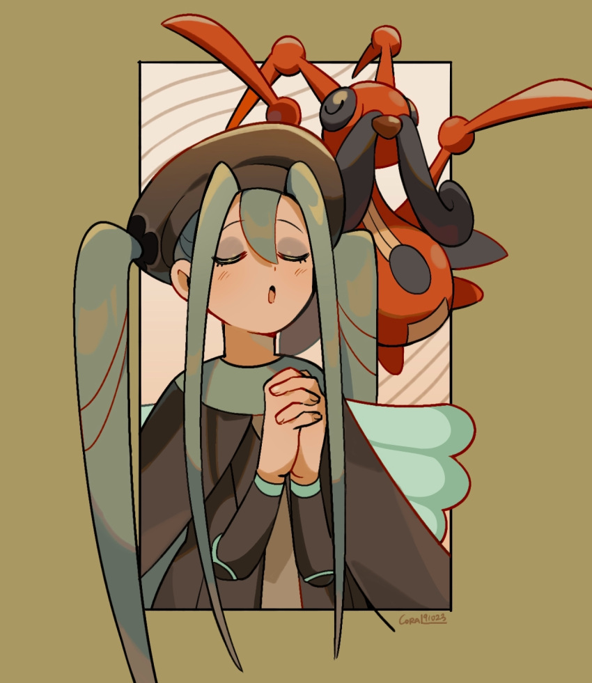 1girl, :o, blue_wings, brown_background, brown_cape, brown_dress, brown_headwear, brown_necktie