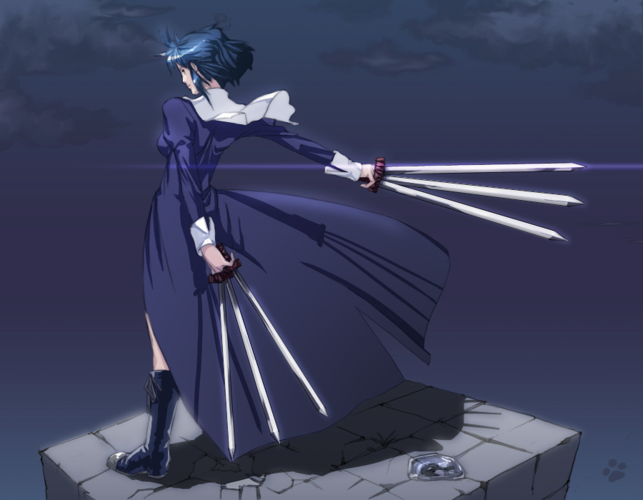 black_key, black_keys, blue_hair, boots, ciel, dual_wielding, from_behind, habit