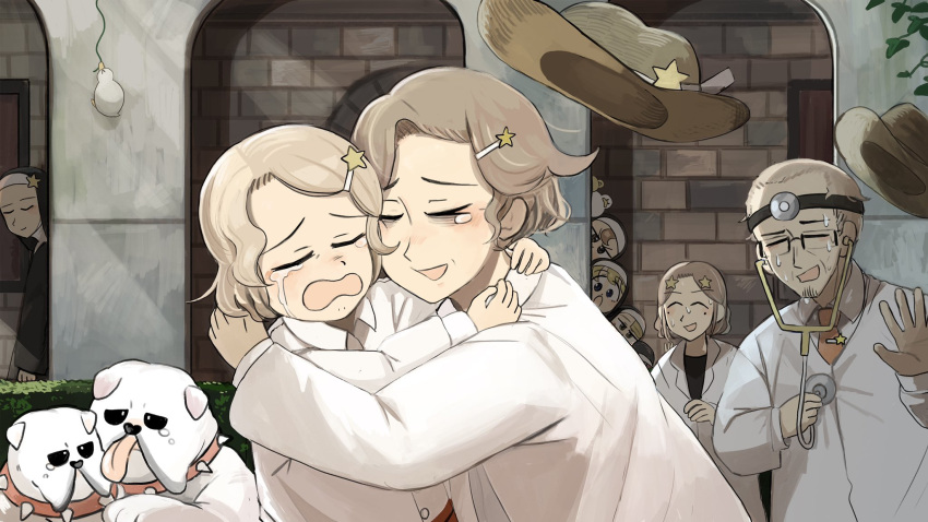 1boy, 6+girls, bird, blonde_hair, brown_hair, bulldog, catholic, chicken