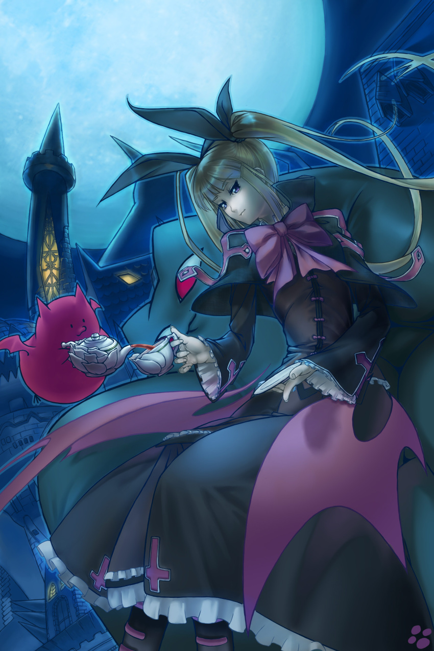 blazblue, blonde_hair, dress, gii, gothic_lolita, hair_ribbon, highres, lolita_fashion, long_hair, nago, nyath, rachel_alucard, ribbon, twintails, vampire