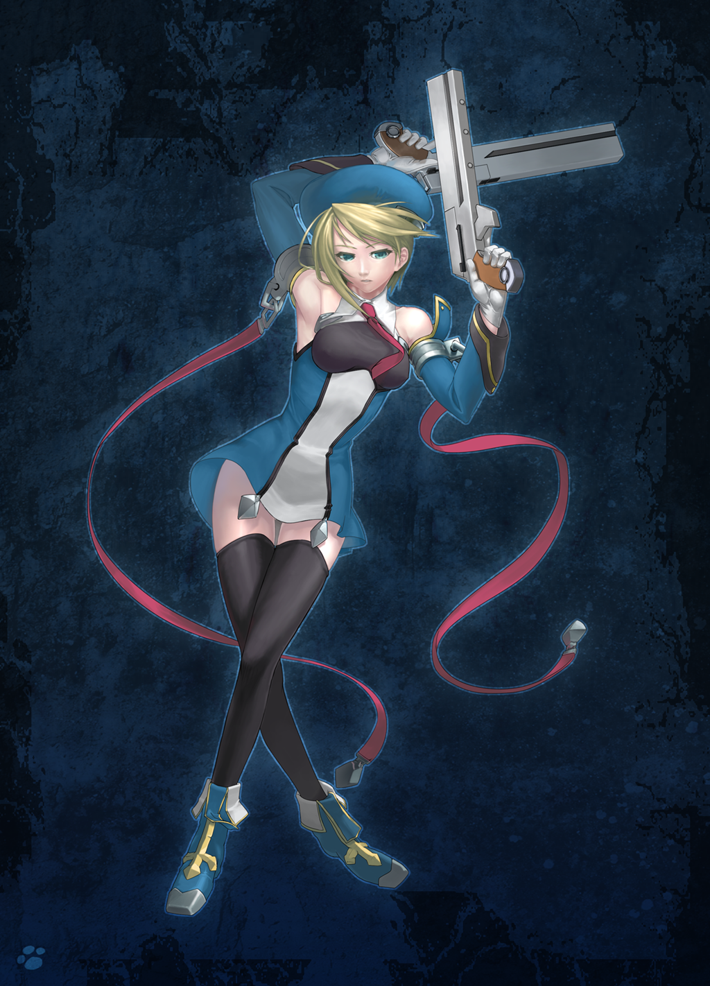 blonde_hair, blue_eyes, detached_sleeves, gloves, gun, hat, highres, legs
