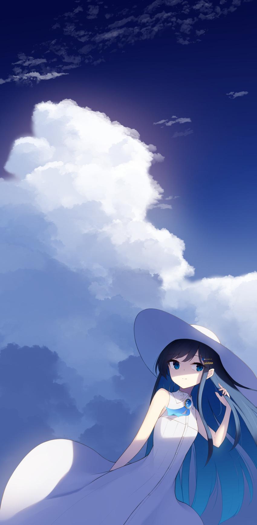 1girl, absurdres, armpit_crease, black_hair, blue_brooch, blue_eyes, blue_hair, blue_ribbon