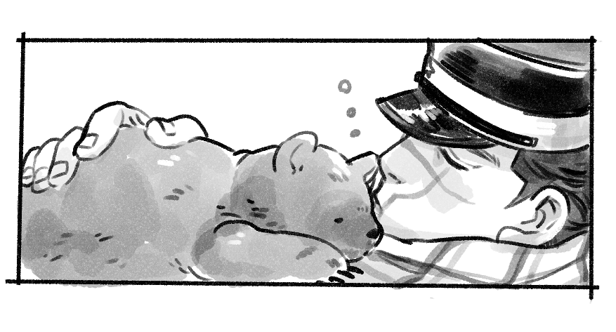 1boy, affectionate, aoi_(husiginokuninoa), bear, closed_eyes, from_side, golden_kamuy, greyscale