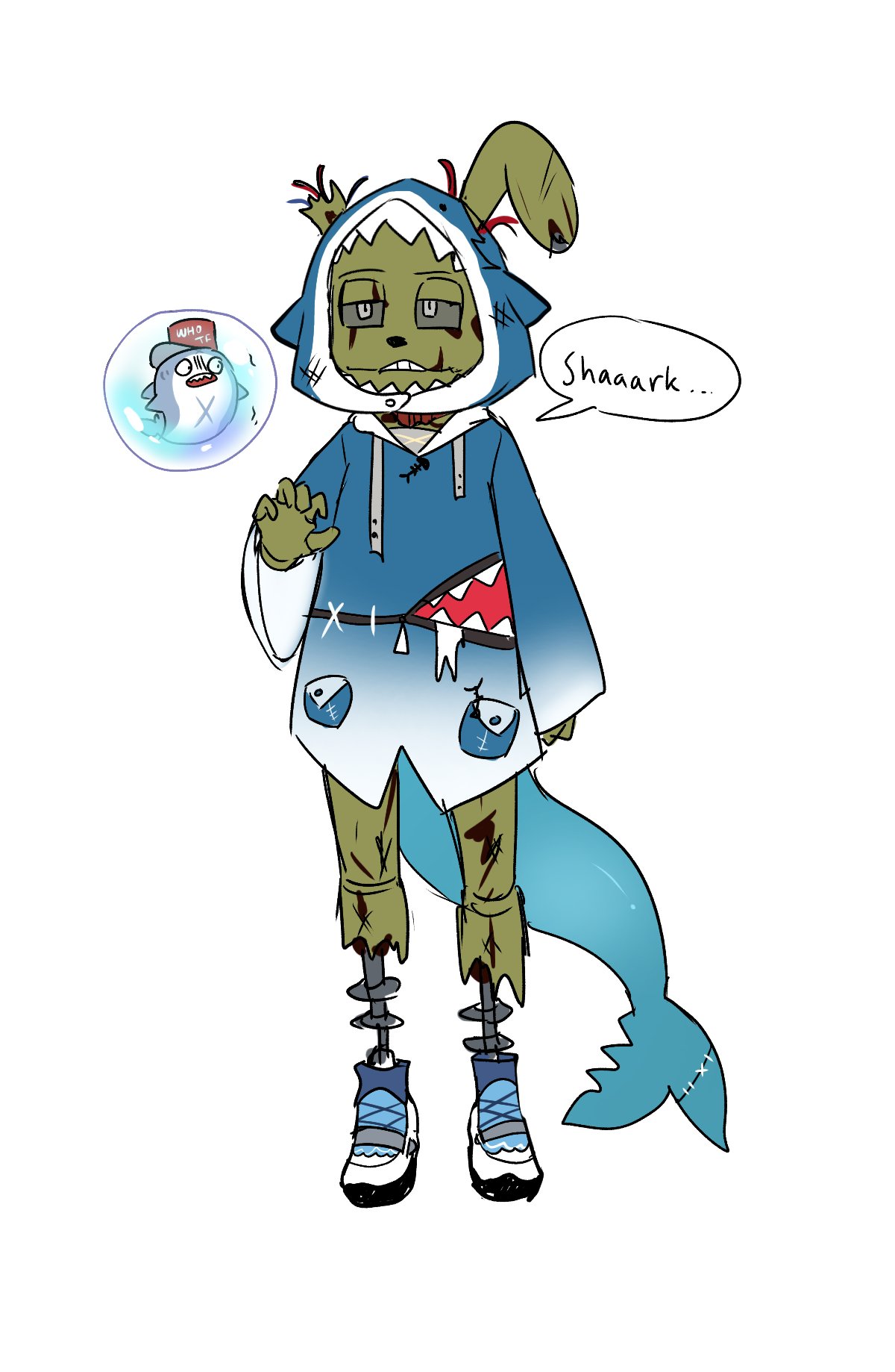 1boy, animal_ears, animal_hood, blue_footwear, cosplay, english_text, fins, fish_tail