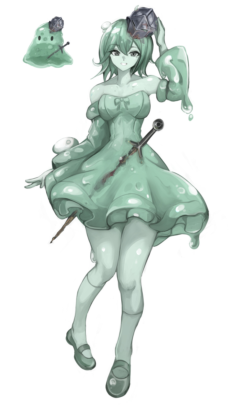 1girl, absurdres, aokuma_(yuuran_create), collarbone, colored_skin, detached_sleeves, dress, full_body, green_dress, green_eyes, green_hair, green_skin, hat, helmet, highres, looking_at_viewer, mini_hat, monster_girl, original, short_hair, slime_(substance), slime_girl, solo, sword, weapon, white_background