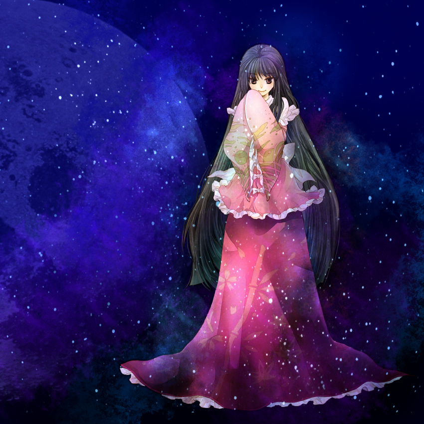 closed_eyes, highres, houraisan_kaguya, long_hair, long_skirt, moon, night, night_sky