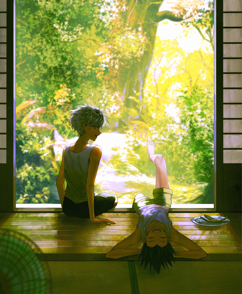 03coil, 2boys, :d, architecture, arms_behind_head, back, barefoot, black_hair