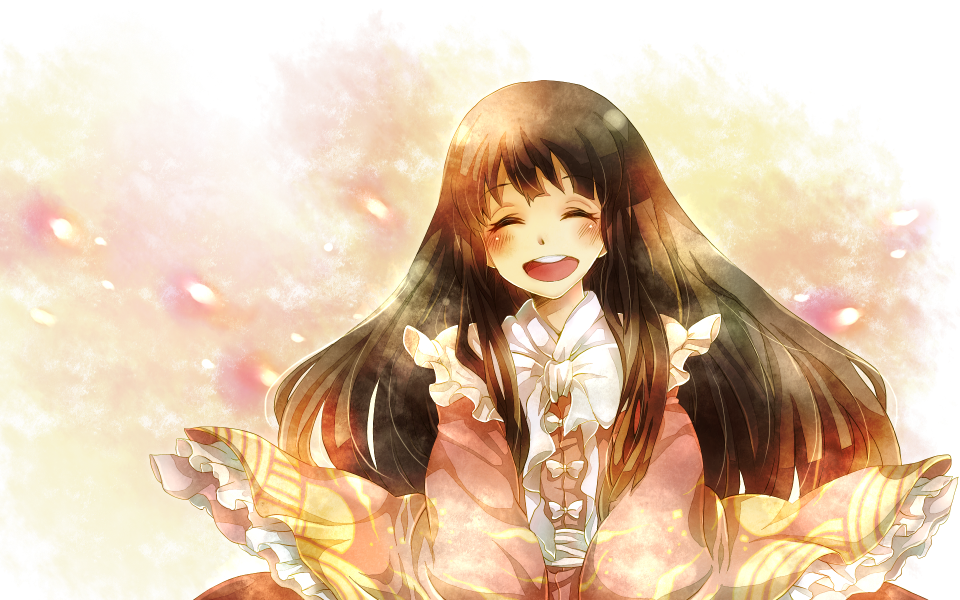 blush, closed_eyes, happy, houraisan_kaguya, japanese_clothes, long_hair, open_mouth, smile