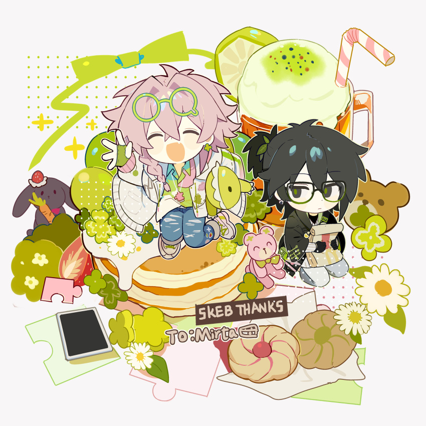 2boys, ^_^, animal_collar, bag, black-framed_eyewear, black_eyes, black_gloves, black_hair