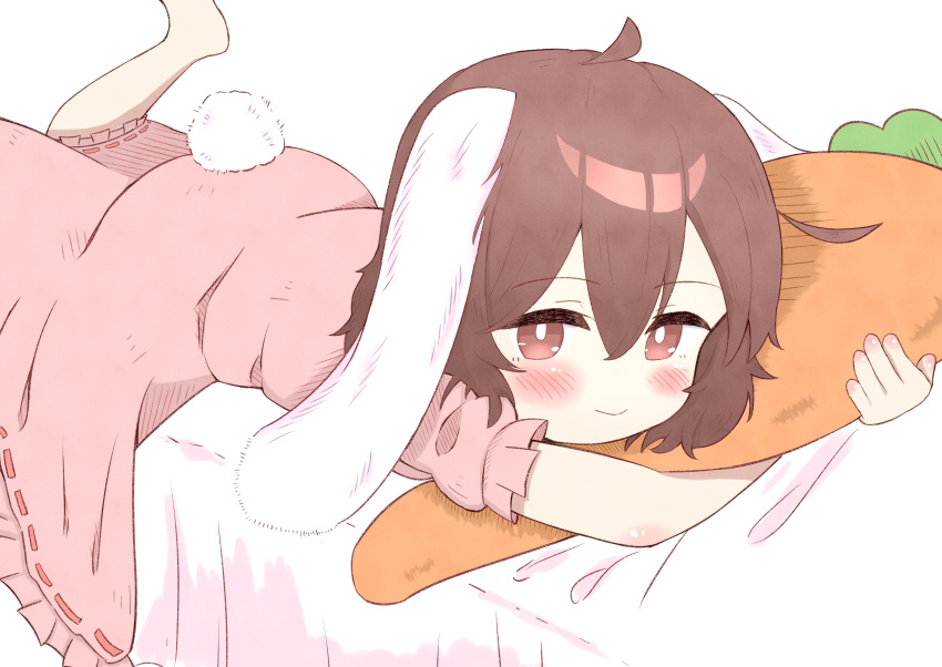 1girl, absurdres, ahoge, animal_ears, barefoot, blush, bright_pupils, brown_eyes, brown_hair, carrot_pillow, closed_mouth, double-parted_bangs, dress, feet_out_of_frame, feet_up, floppy_ears, hair_between_eyes, highres, hugging_object, inaba_tewi, light_smile, lying, on_bed, on_stomach, pillow, pillow_hug, pink_dress, puffy_short_sleeves, puffy_sleeves, rabbit_ears, rabbit_tail, short_hair, short_sleeves, simple_background, solo, tail, tail_through_clothes, tewiyu, touhou, white_background, white_pupils