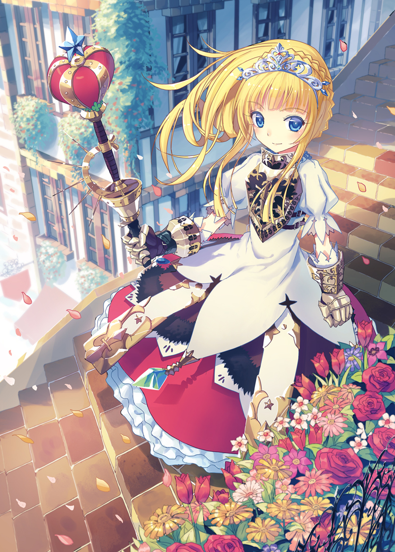 armored_dress, blonde_hair, blue_eyes, colored_eyelashes, dress, eyelashes, flower, gauntlets, kichiroku, long_hair, petals, princess_(sekaiju), red_rose, rose, scepter, sekaiju_no_meikyuu, sekaiju_no_meikyuu_3, smile, stairs, star, stare, tiara