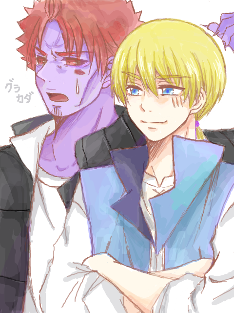 2boys, birthmark, black_jacket, black_sclera, blonde_hair, blue_eyes, blue_vest, colored_sclera, colored_skin, crossed_arms, glalda, jacket, kurda_smahlt, long_hair, male_focus, multiple_boys, oekaki, ponytail, purple_skin, red_eyes, redhead, scar, scar_on_cheek, scar_on_face, short_hair, smile, the_saga_of_darren_shan, translated, utani_(longelover), vest