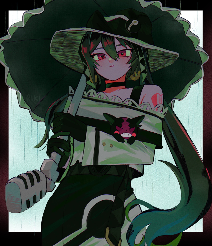 1girl, bare_shoulders, black_choker, black_gloves, choker, dark_miku_(project_voltage), earrings, gloves