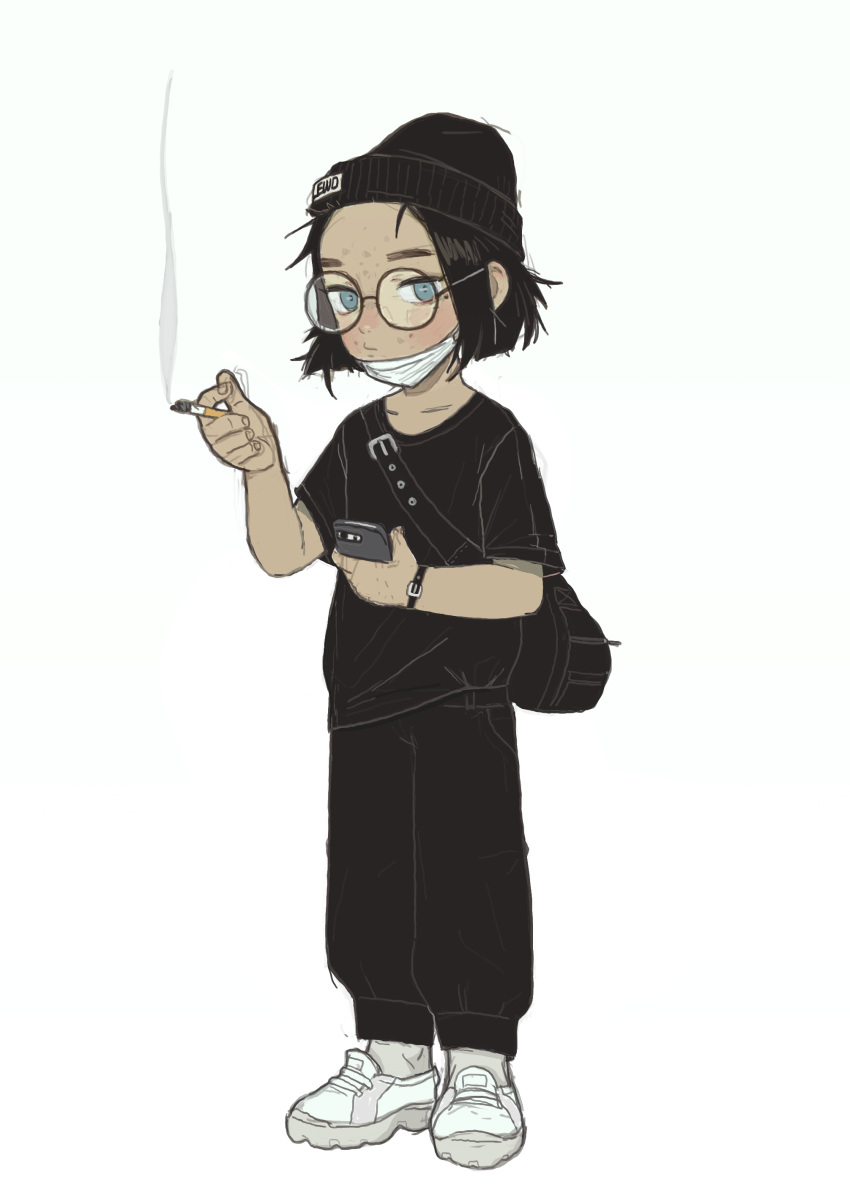 1girl, absurdres, beanie, black_hair, black_headwear, black_shirt, blue_eyes, forehead, full_body, glasses, hair_ornament, hat, highres, holding, opossumachine, original, phone, shirt, short_sleeves, simple_background, smoking, solo, too_many_wristwatches, white_background