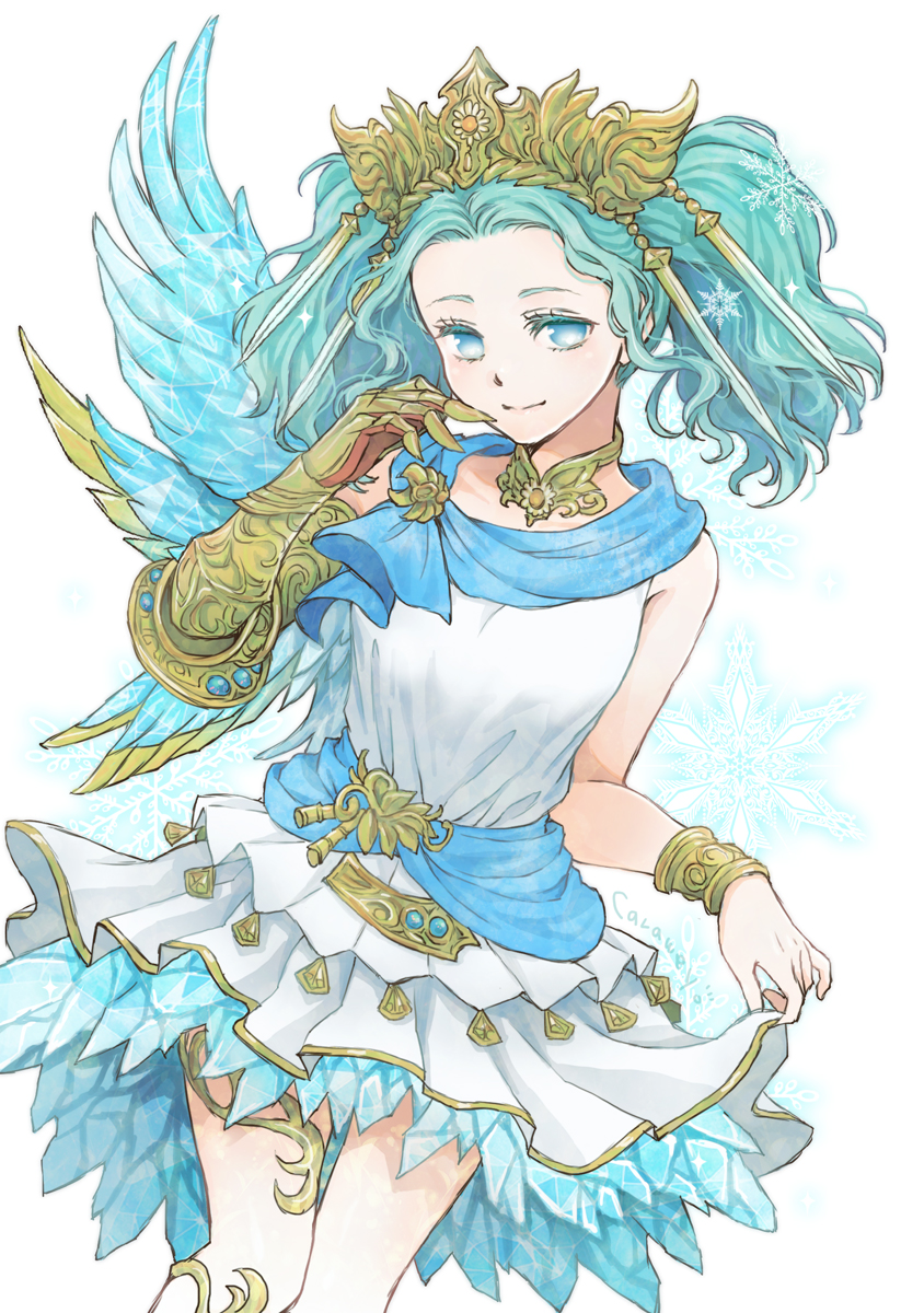 1girl, aqua_hair, asymmetrical_wings, blue_eyes, blue_sash, blue_scarf, blue_wings, bracelet