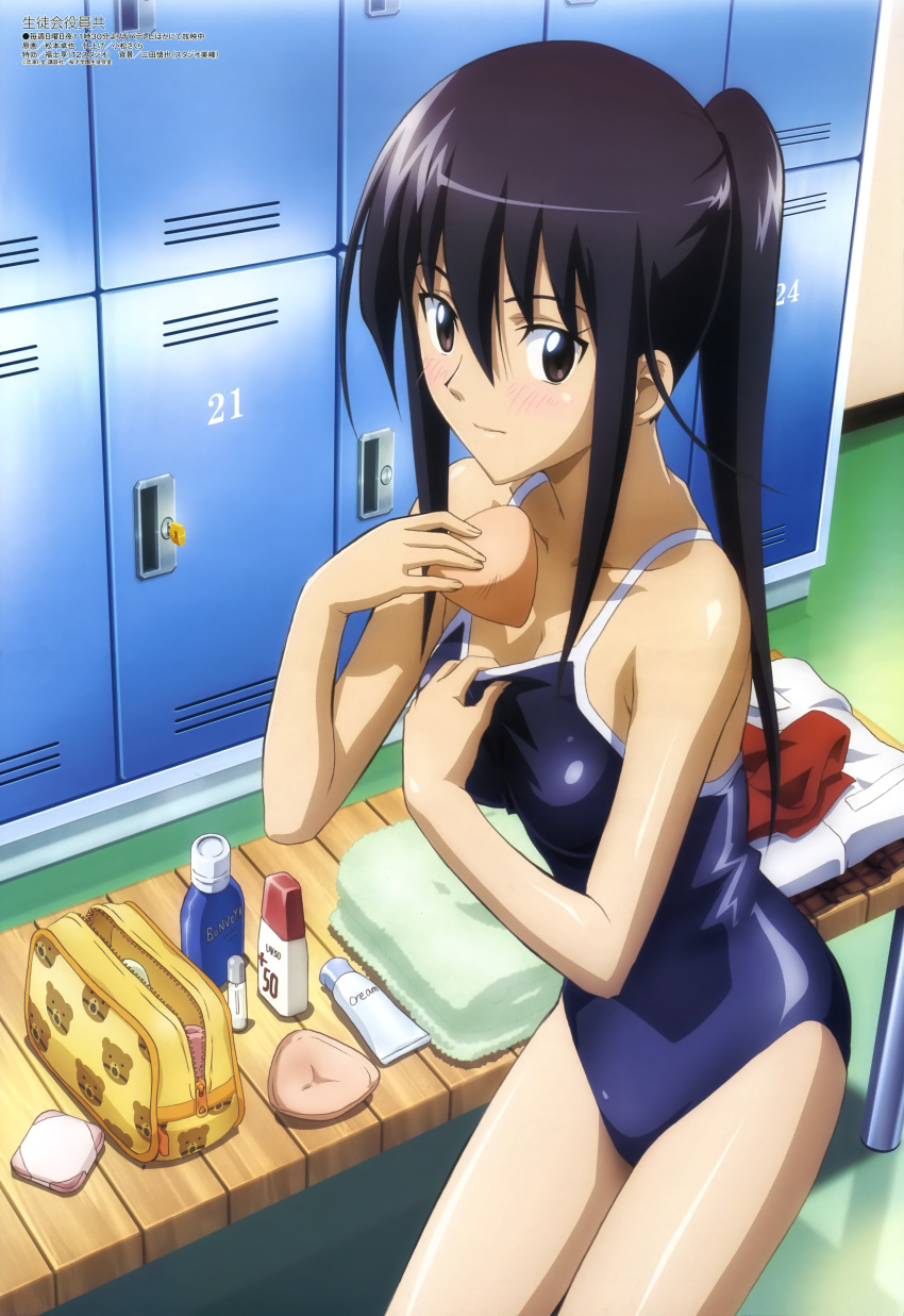 amakusa_shino, bench, black_hair, bottle, breast_padding, brown_eyes, highres, locker_room