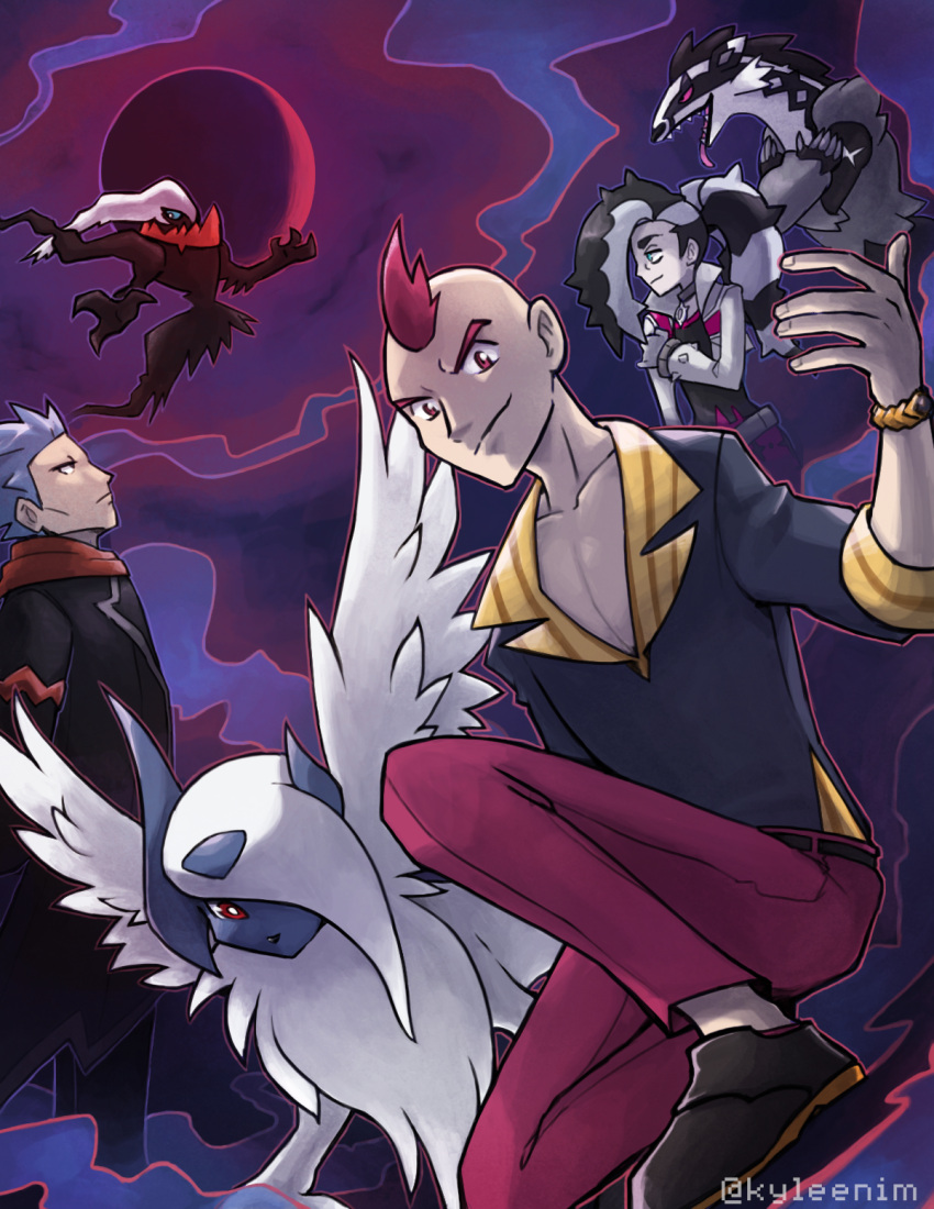 3boys, absol, black_footwear, collarbone, cropped_jacket, cyrus_(pokemon), cyrus_(sygna_suit)_(pokemon), darkrai