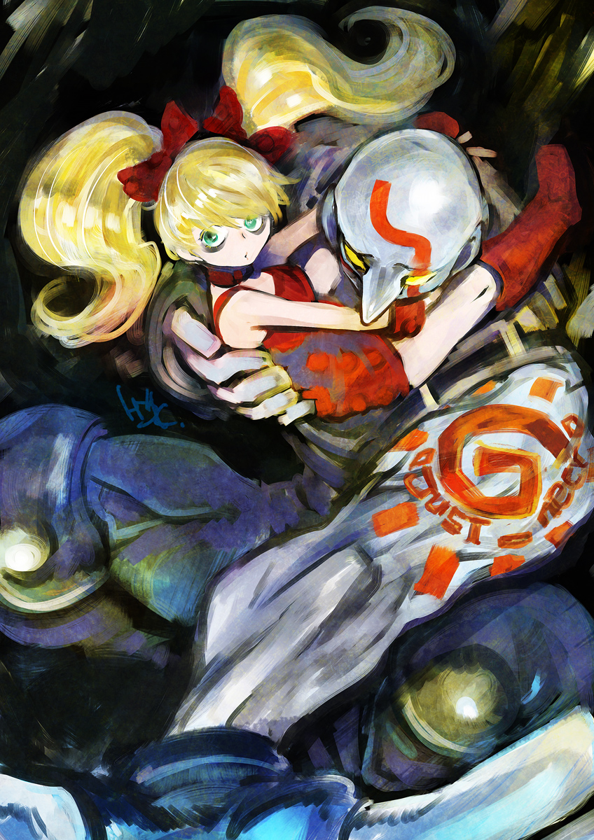 1boy, 1girl, aqua_eyes, bare_shoulders, blonde_hair, boots, bow, carrying
