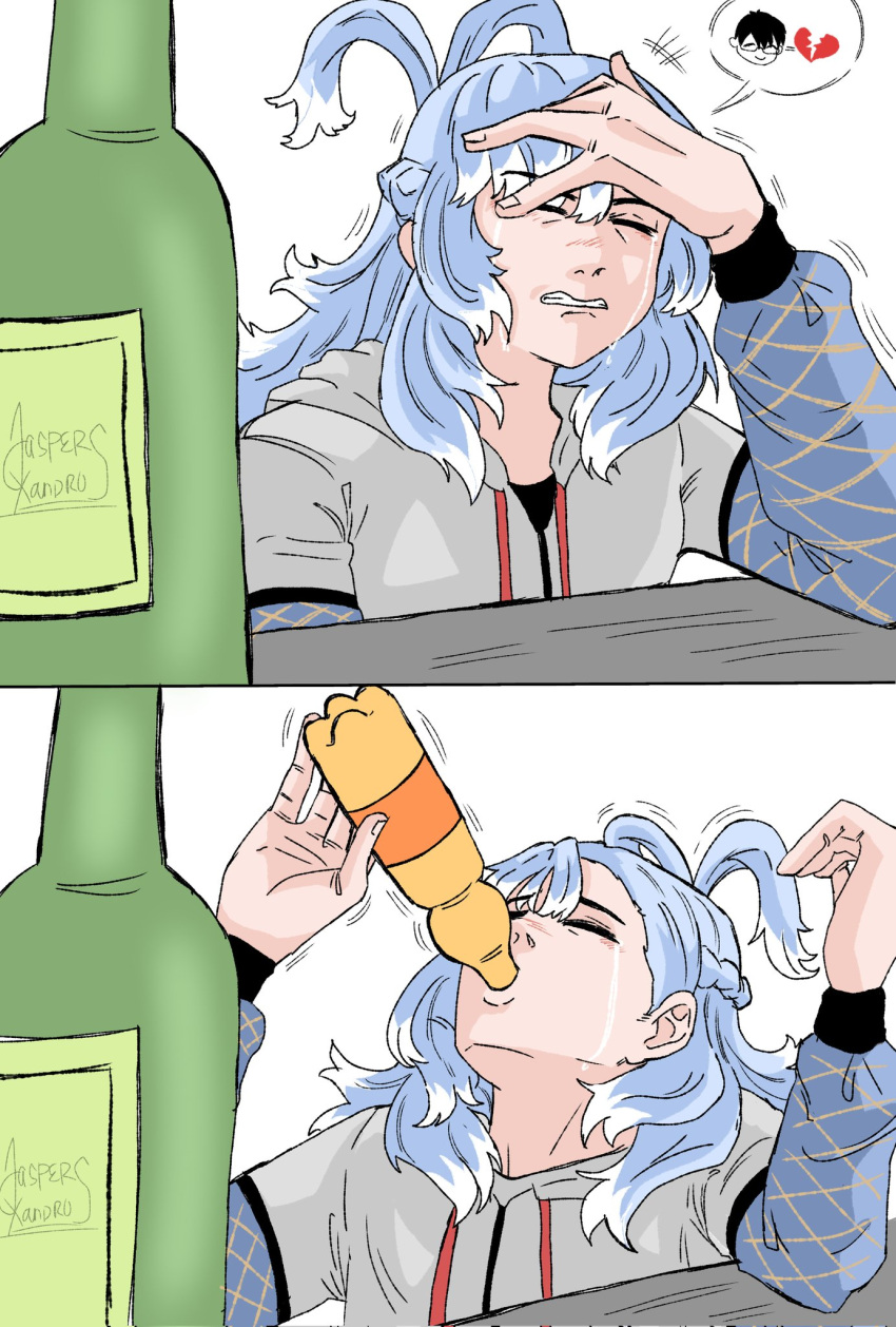 1girl, blue_hair, bottle, cropped_hoodie, crying, drawstring, fanta, highres
