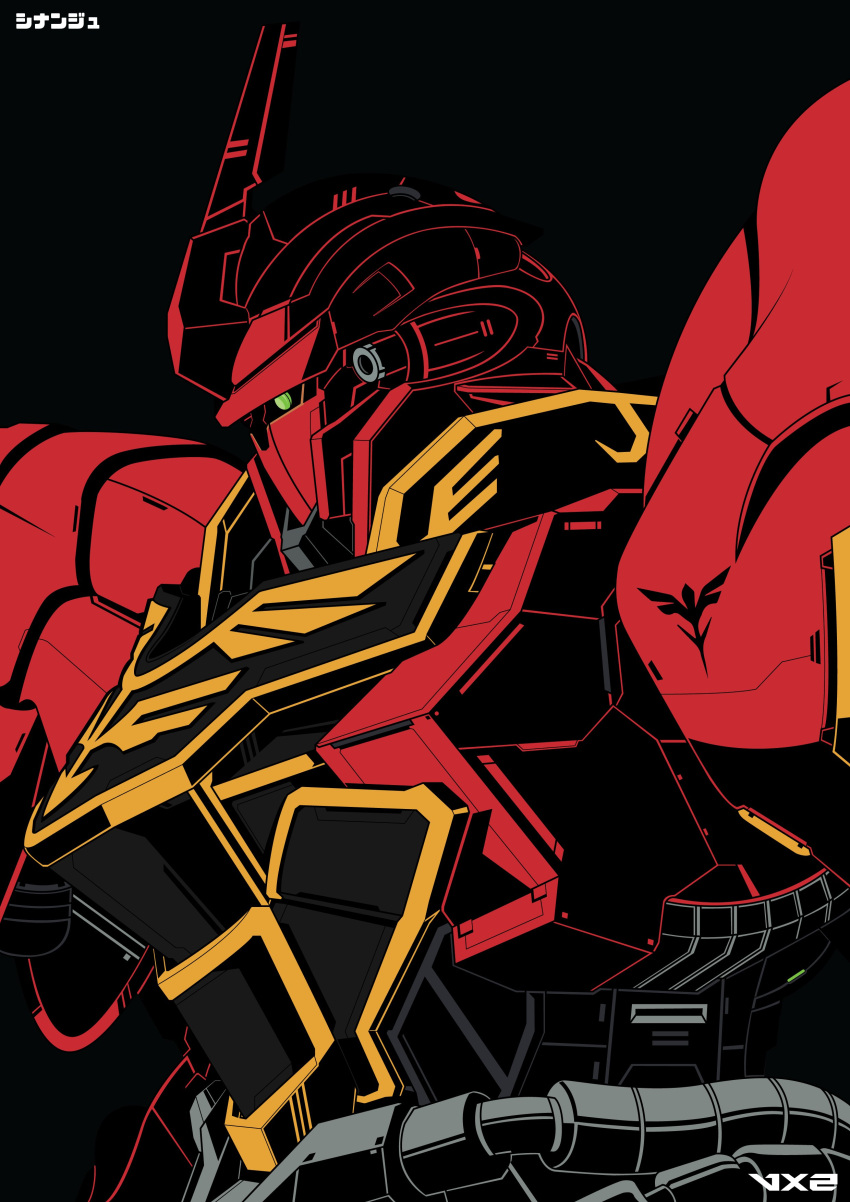 absurdres, black_background, commentary, english_commentary, green_eyes, gundam, gundam_unicorn, highres, horns, insignia, looking_ahead, mecha, mobile_suit, neo_zeon, no_humans, one-eyed, robot, science_fiction, simple_background, sinanju, single_horn, upper_body, voxiela