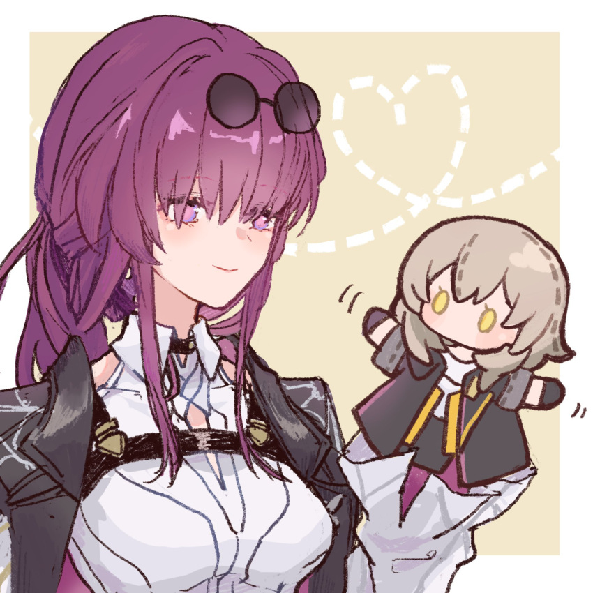 1girl, black_gloves, black_jacket, breasts, caedeimo, character_doll, closed_mouth, collared_shirt