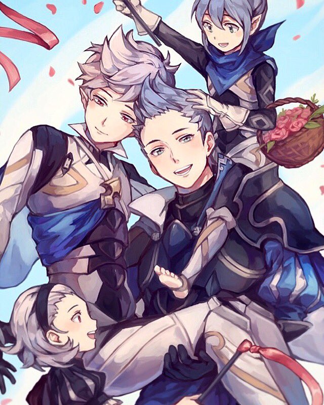 1girl, 2boys, aokamei, barefoot, basket, black_hairband, carrying, corrin_(fire_emblem)