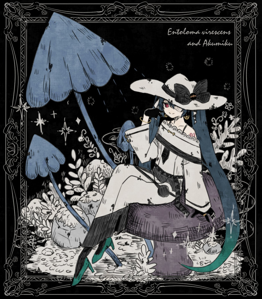 1girl, black_bow, black_gloves, bow, dark_miku_(project_voltage), earrings, giant_mushroom, gloves