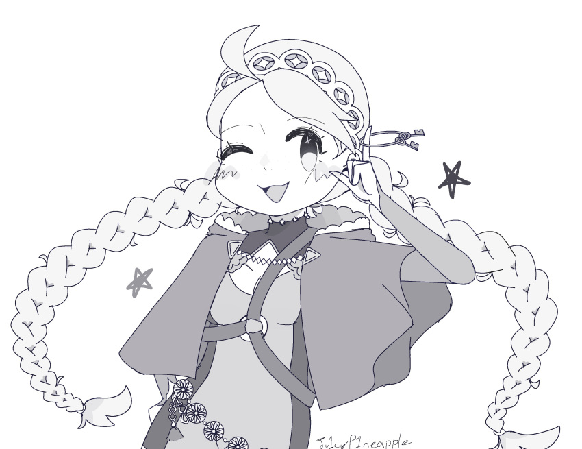 1girl, ;o, absurdres, ahoge, belt, braid, capelet, facing_viewer, fire_emblem, fire_emblem_fates, greyscale, hairband, harness, highres, holding, holding_key, hood, hooded_capelet, ju1cyp1neapple, key, keyring, looking_to_the_side, low_twin_braids, monochrome, nina_(fire_emblem), o-ring, o-ring_harness, one_eye_closed, open_mouth, parted_bangs, smile, twin_braids