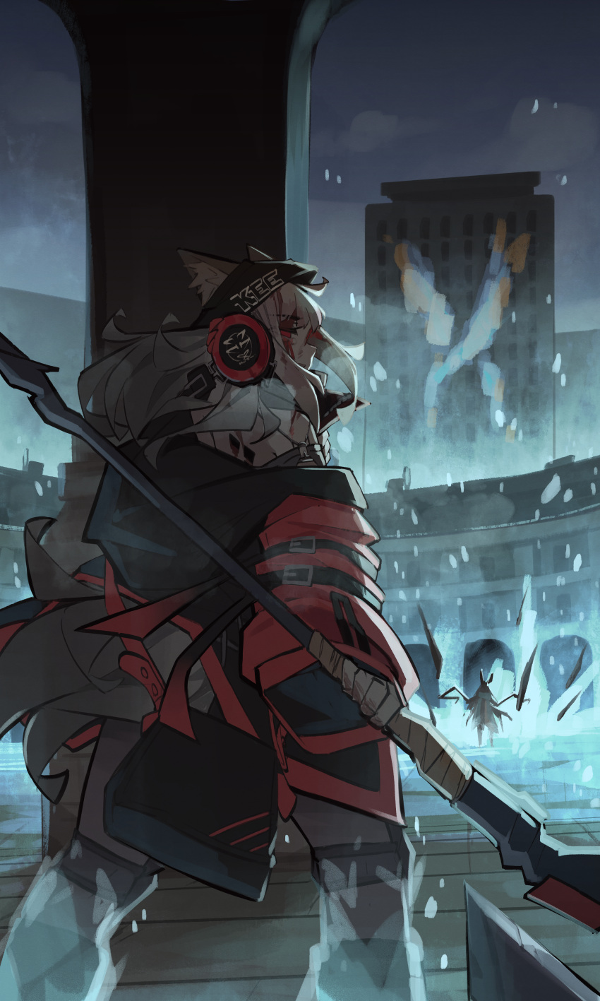 2girls, absurdres, animal_ears, arknights, backlighting, beanie, behind-the-head_headphones, black_pants