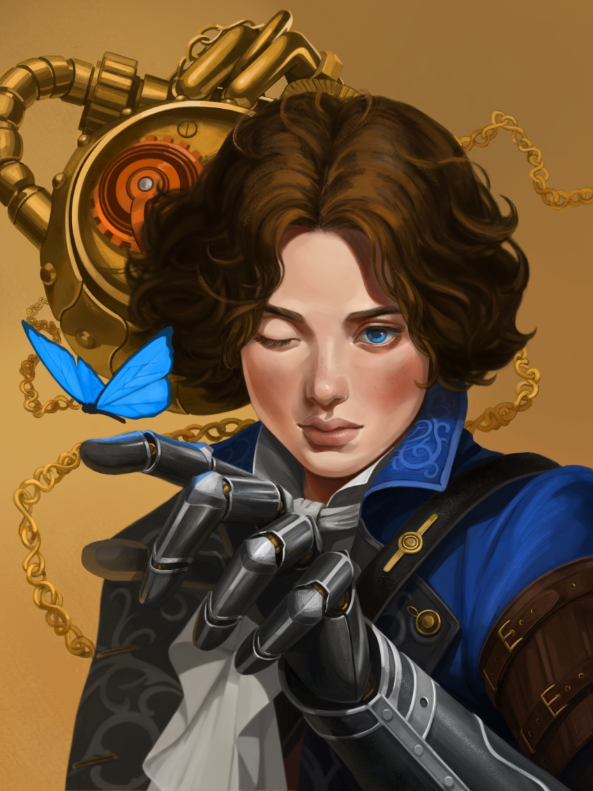 1boy, ascot, bishounen, blue_butterfly, blue_eyes, blue_jacket, blush, brown_hair, bug, butterfly, butterfly_on_hand, chain, closed_mouth, english_commentary, expressionless, eyelashes, freckles, hand_up, highres, jacket, lies_of_p, lips, looking_at_viewer, male_focus, mechanical_arms, nose, one_eye_closed, parted_hair, pinocchio_(lies_of_p), portrait, prosthesis, prosthetic_arm, realistic, short_hair, single_mechanical_arm, solo, steampunk, wavy_hair, white_ascot, yellow_background, you_byeolcho