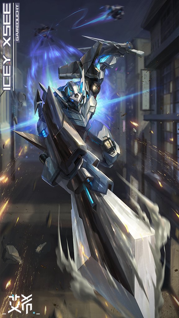 battle, building, city, company_name, crossover, holding, holding_sword, holding_weapon