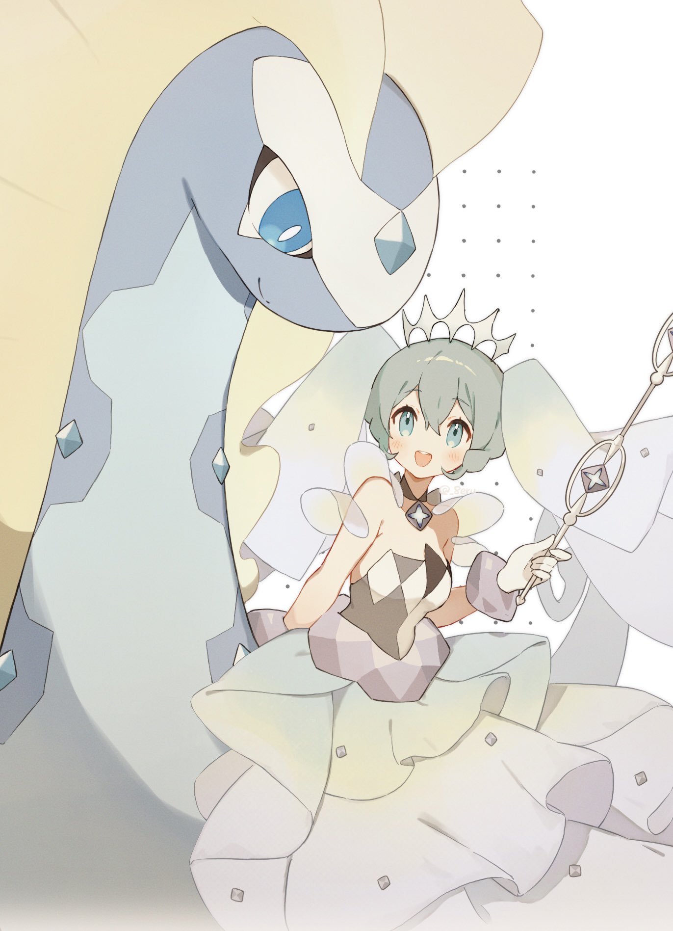 1girl, aurorus, blue_eyes, blush, bracelet, diamond_(shape), dress, erua_(_8eru)