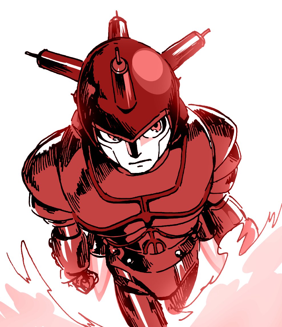 1boy, android, armor, atlas_(tetsuwan_atom), clenched_hand, closed_mouth, commentary_request, dust_cloud