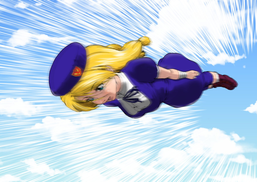 1girl, bandages, beret, blonde_hair, blue_eyes, comedy, edmond_honda, flying