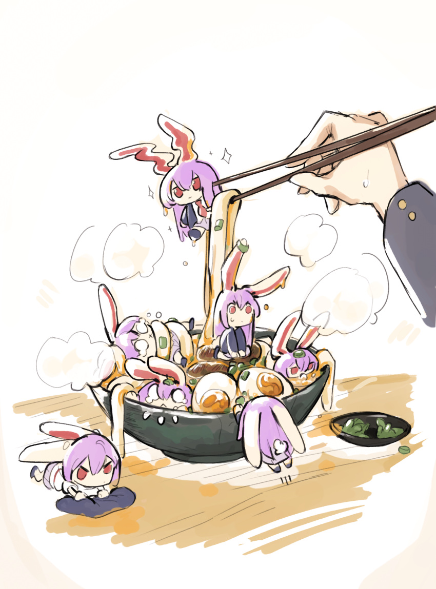 1girl, absurdres, bowl, chibi, chopsticks, crt599, egg_yolk, food, food_focus, highres, holding, holding_chopsticks, in_bowl, in_container, long_sleeves, multiple_persona, noodles, pun, reisen_udongein_inaba, simple_background, touhou, udon