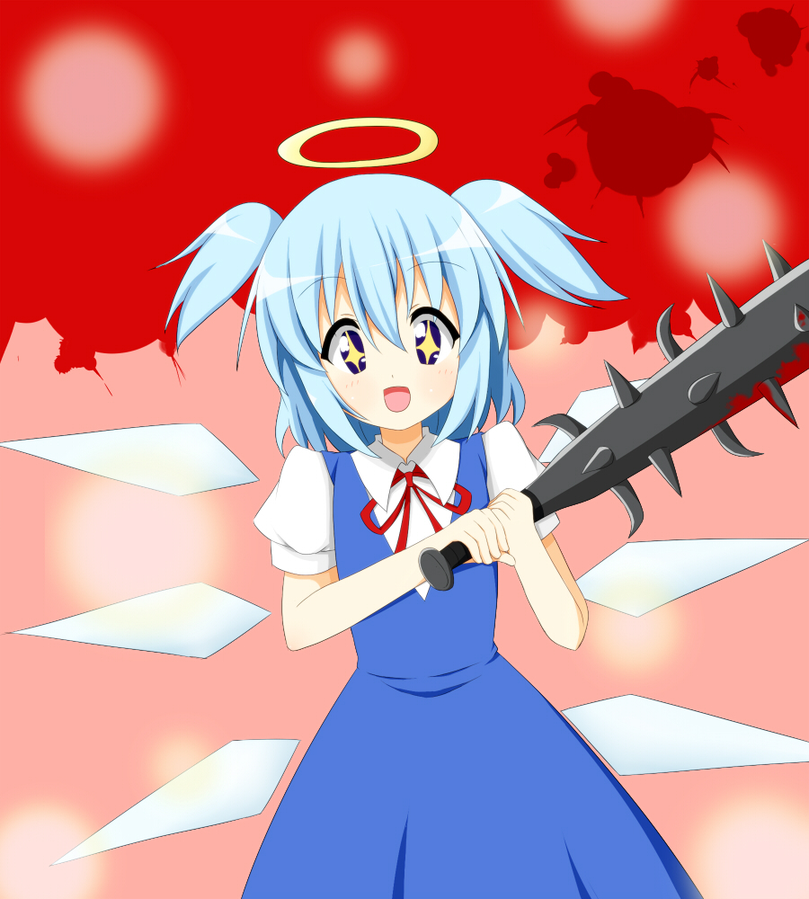 1girl, :d, blood, bokusatsu_tenshi_dokuro-chan, chiro-minami, cirno, club, cosplay, crossover, excalibolg, fusion, halo, mitsukai_dokuro, mitsukai_dokuro_(cosplay), neck_ribbon, open_mouth, ribbon, smile, solo, spiked_club, symbol-shaped_pupils, touhou, twintails, weapon
