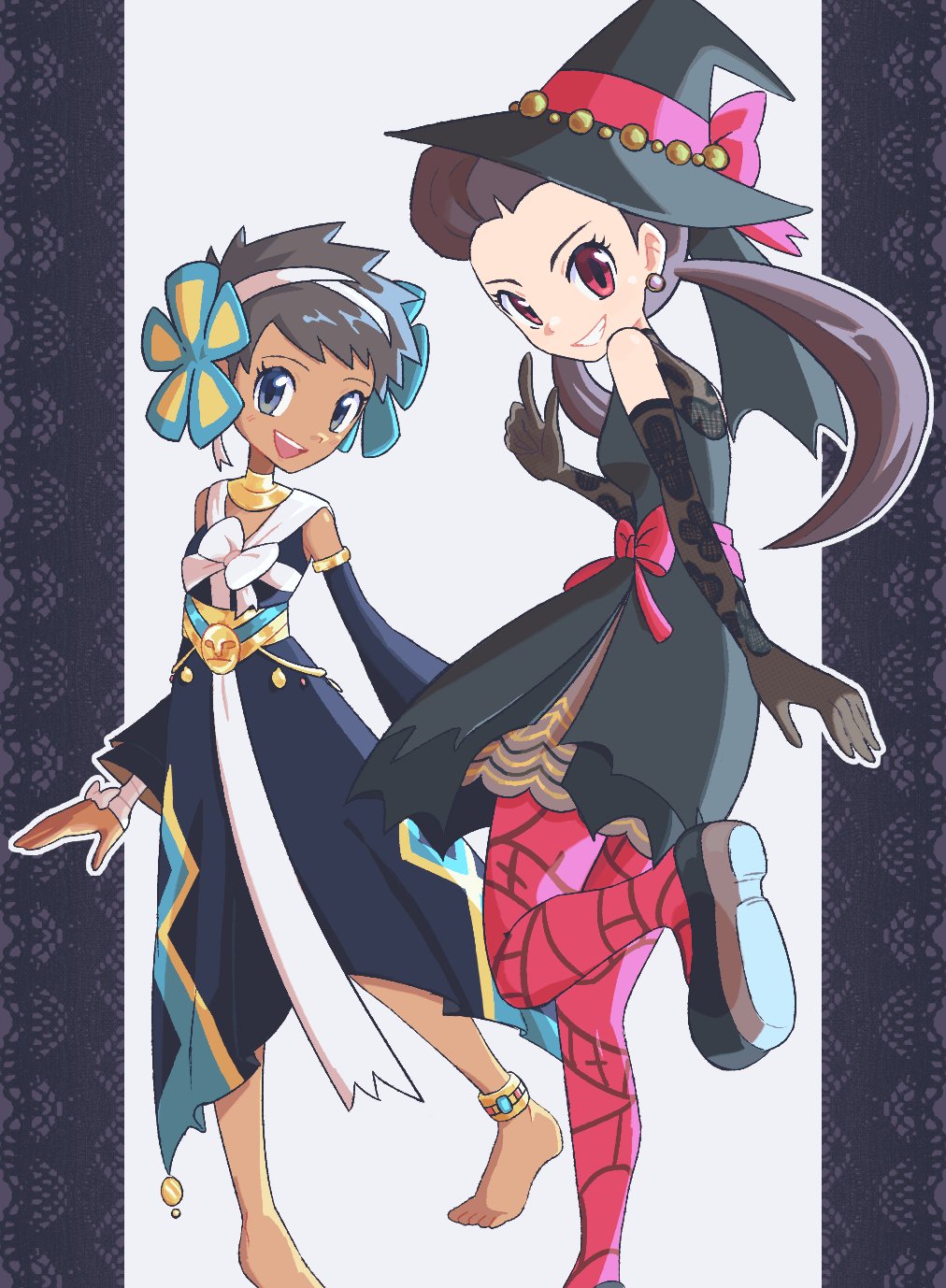 22z3r0, 2girls, anklet, bare_shoulders, barefoot, black_dress, blue_eyes, brown_hair, dark-skinned_female, dark_skin, detached_sleeves, dress, earrings, flower, hair_flower, hair_ornament, hat, highres, jewelry, long_hair, looking_at_viewer, multiple_girls, official_alternate_costume, pantyhose, phoebe_(fall_2023)_(pokemon), phoebe_(pokemon), pokemon, pokemon_(game), pokemon_masters_ex, purple_dress, red_eyes, roxanne_(fall_2023)_(pokemon), roxanne_(pokemon), short_hair, smile, teeth, twintails, witch_hat