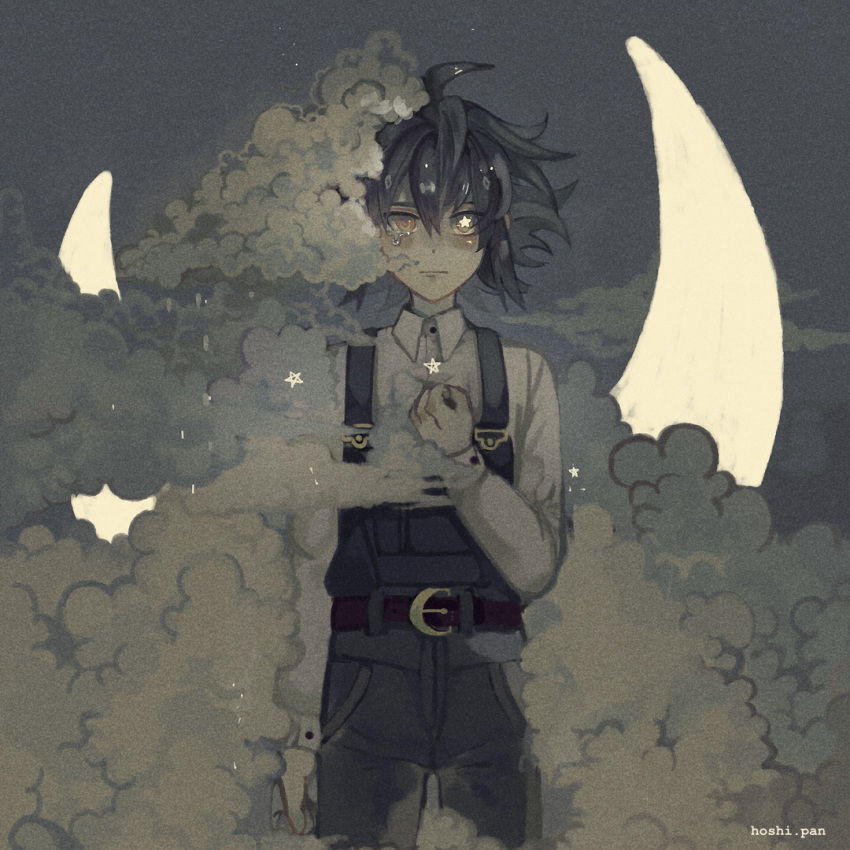 1boy, ahoge, artist_name, belt, black_belt, blue_background, blue_hair, blue_overalls