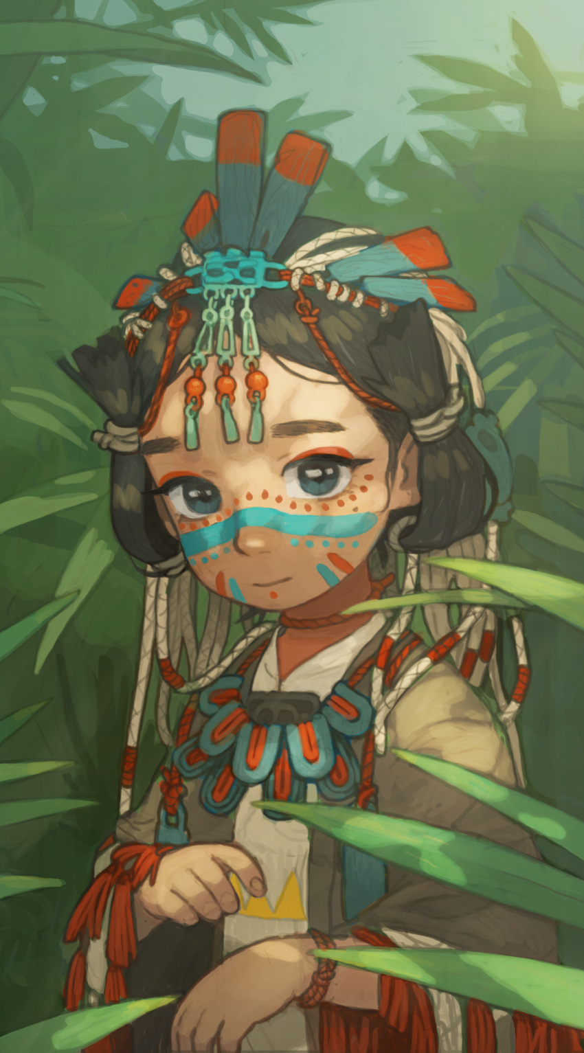 1girl, aztec, aztec_mythology, black_hair, blue_eyes, child, hair_ornament, highres