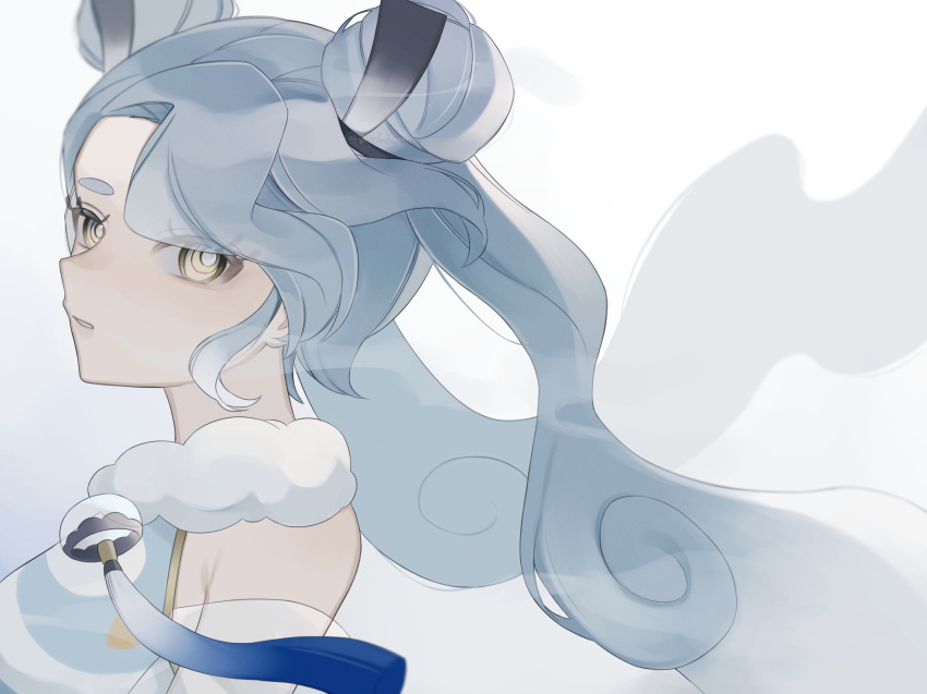 1girl, ameyui_komori, blue_hair, detached_sleeves, double_bun, eyelashes, flying_miku_(project_voltage), gradient_hair