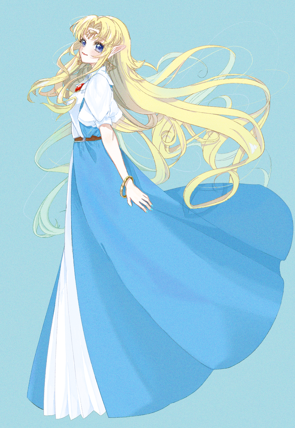 1girl, aoi_(zelda0616), belt, blonde_hair, blue_background, blue_dress, blue_eyes, brooch, brown_belt, closed_mouth, dress, eyelashes, from_side, gold_bracelet, highres, jewelry, long_dress, long_hair, looking_at_viewer, pointy_ears, princess_zelda, puffy_short_sleeves, puffy_sleeves, short_sleeves, simple_background, solo, the_legend_of_zelda, the_legend_of_zelda:_a_link_to_the_past, triforce_earrings, very_long_hair