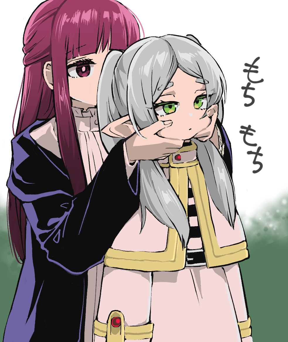 2girls, arms_at_sides, belt, black_belt, black_coat, black_shirt, capelet, cheek_squash
